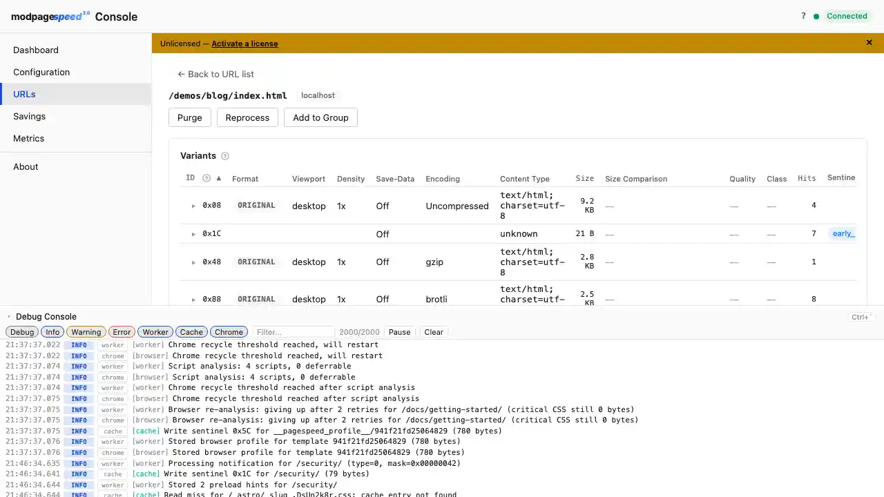 ModPageSpeed Console showing the URL Inspector with a table of cached variants per URL — columns for format, viewport, density, Save-Data, encoding, content type, size, quality, and hit count
